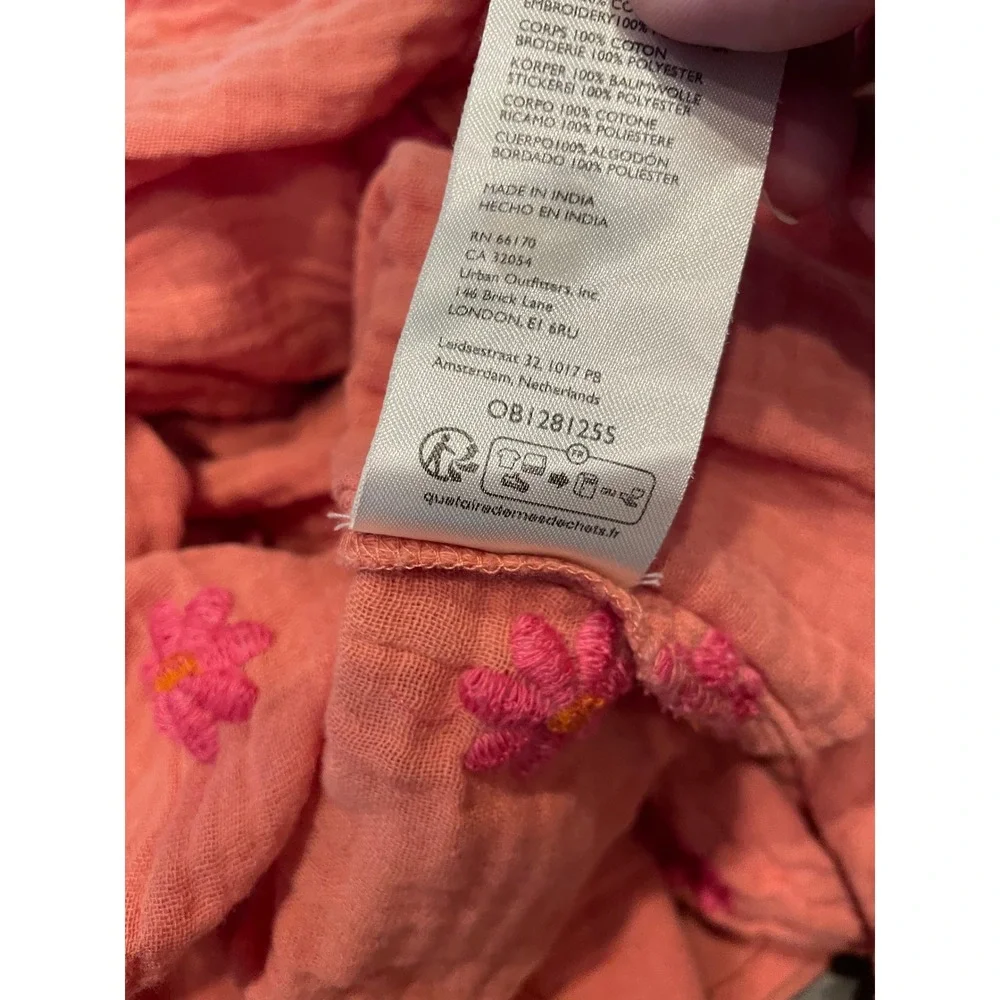 Free People XL Dahlia Embroidered Maxi Dress Coral Pink Smocked Puff Sleeve